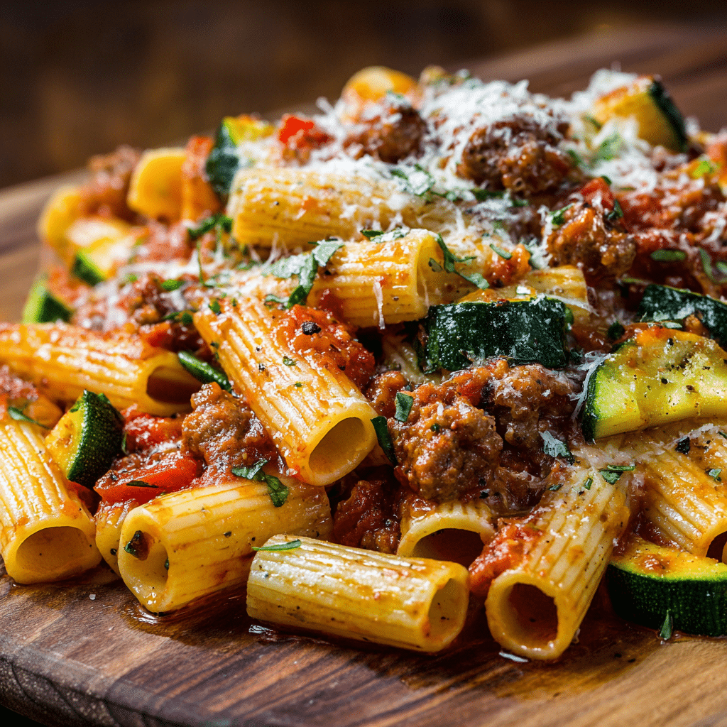 Rigatoni with Sausage, Tomatoes & Zucchini