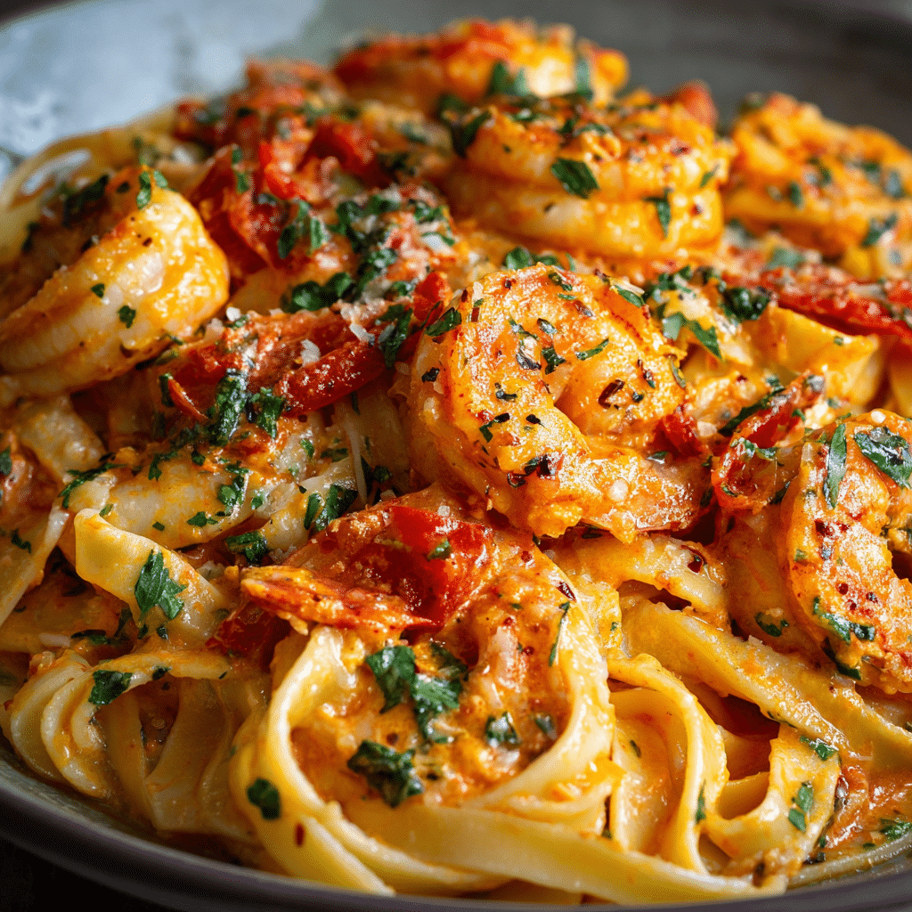 Shrimp Fettuccine with Creamy Roasted Red Pepper Sauce