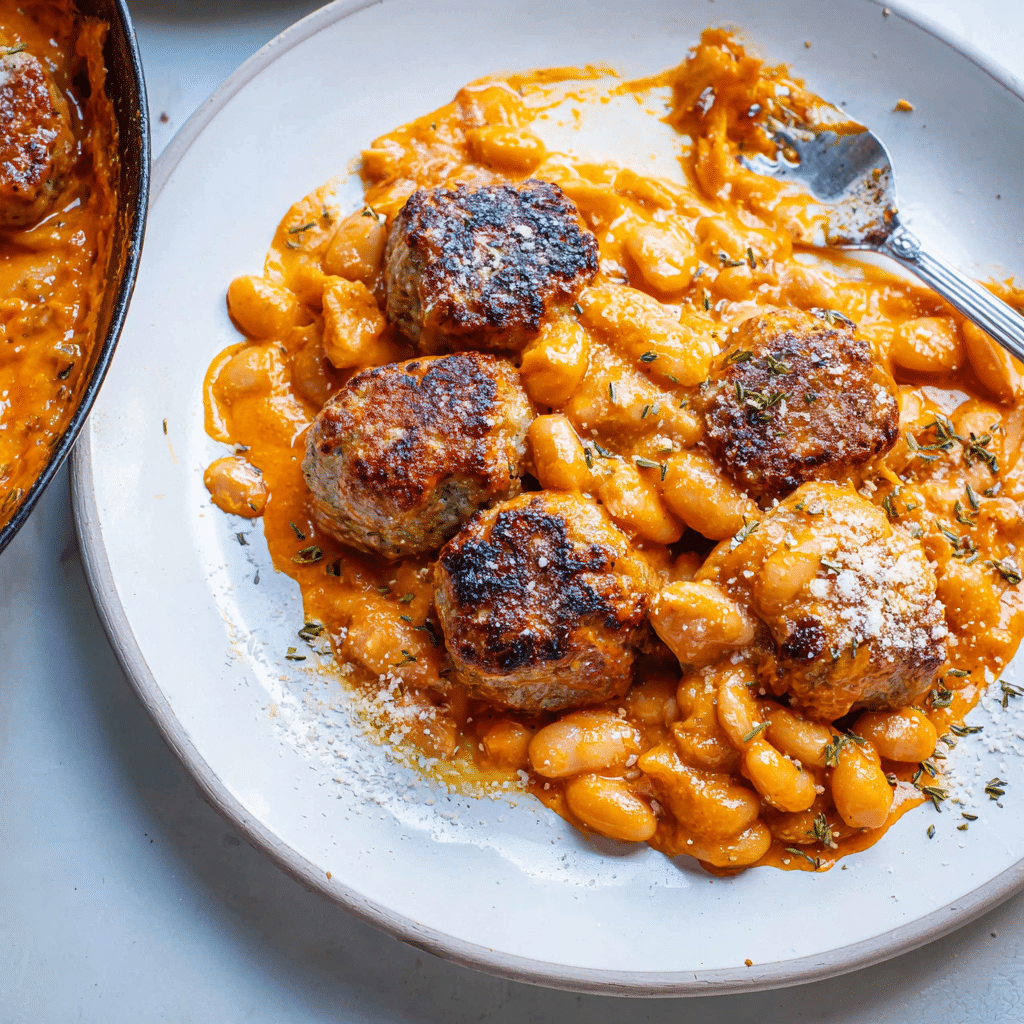 Sausage Fennel Meatballs with Creamy Tomato Butter Beans