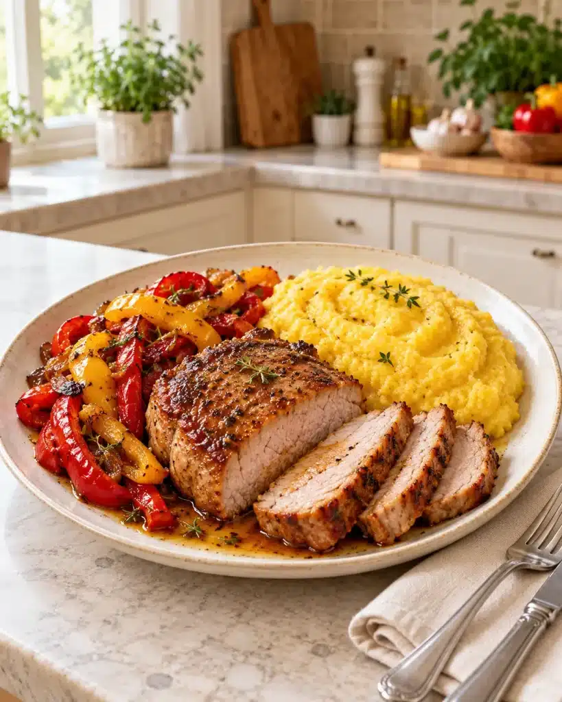 Friptură de porc cu ardei glazurați și mămăligă