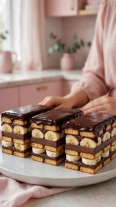 Prăjitură cu biscuiți, banane și ciocolată fără coacere
