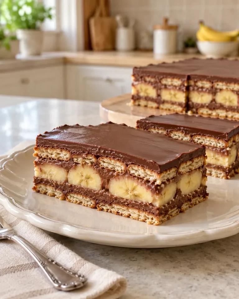 Prăjitură cu biscuiți, banane și ciocolată fără coacere