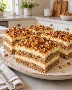 Prăjitură Krantz cu nucă caramelizată și cremă de vanilie