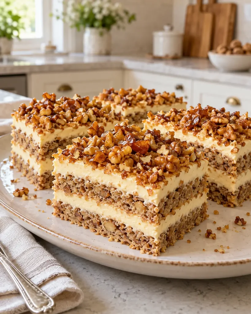 Prăjitură Krantz cu nucă caramelizată și cremă de vanilie