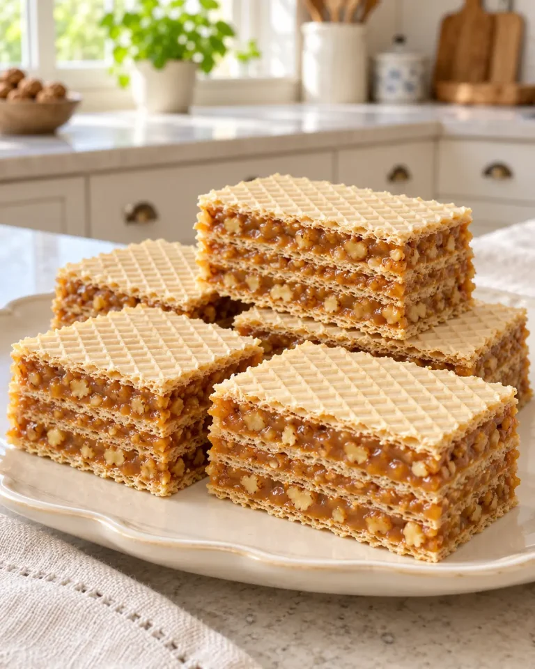 Prăjitură cu foi de napolitană și caramel