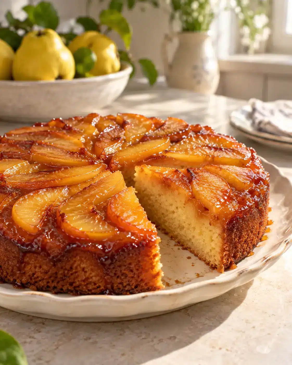 Prăjitură răsturnată cu gutui caramelizate 2 rețetă prăjitură răsturnată cu gutui