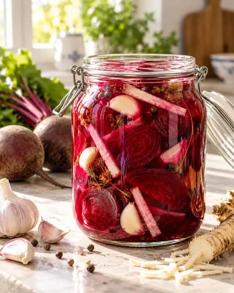 Sfeclă roșie murată cu usturoi și hrean